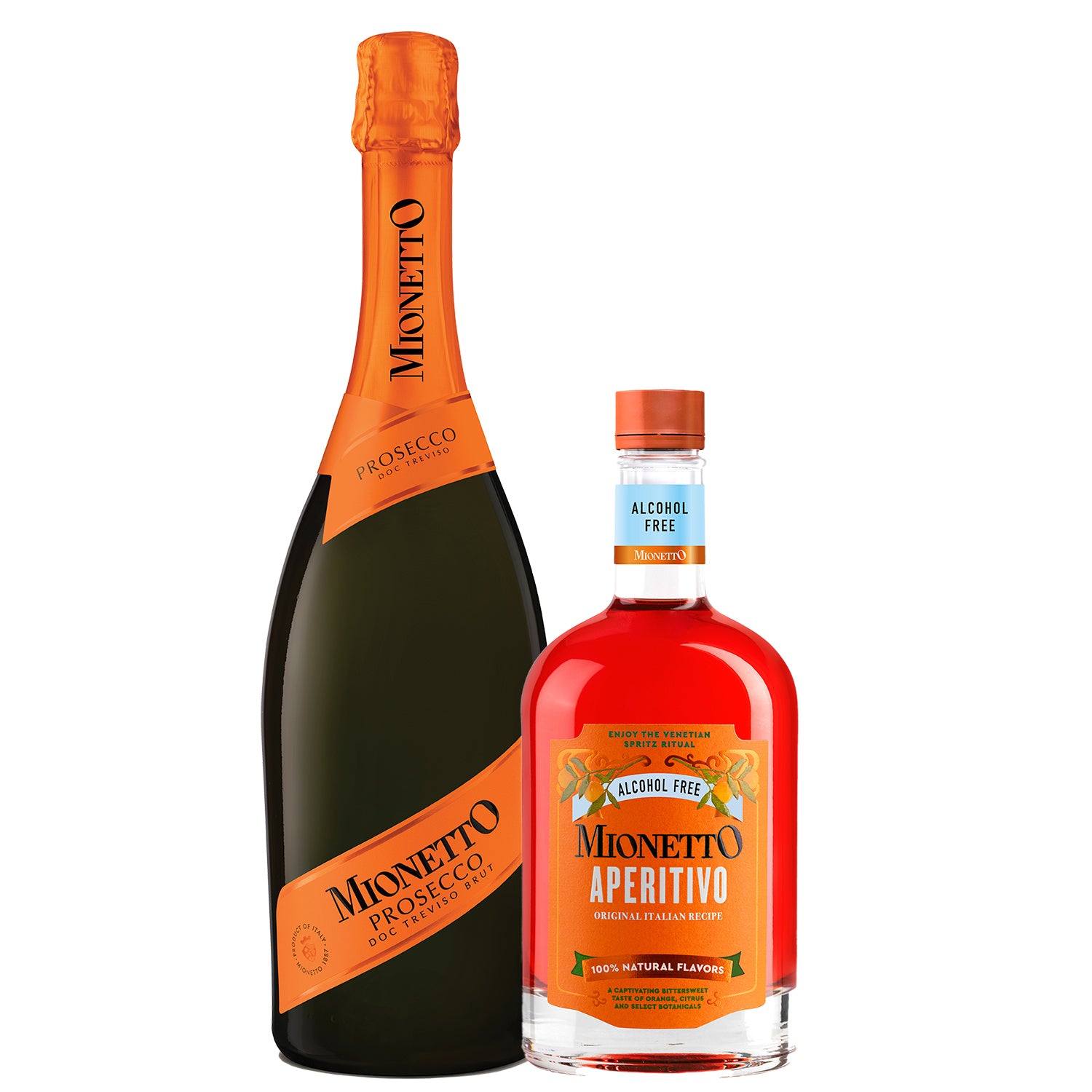 A 750ml bottle of Mionetto Prosecco Brut next to a bottle of Mionetto Aperitivo Alcohol Free Spritz Mixer.