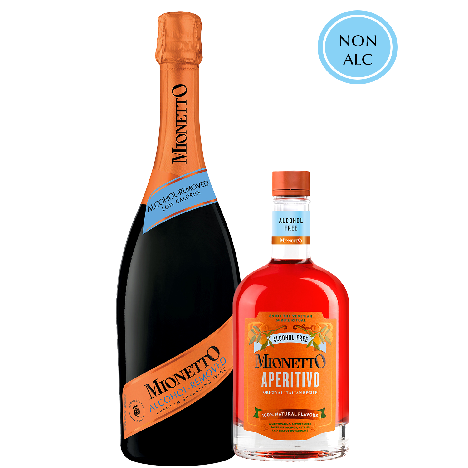 A bottle of Mionetto Alcohol Removed Sparkling Wine next to a bottle of Mionetto Alcohol Free Aperitivo.